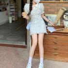 Spaghetti Strap Floral Print Mini Sheath Dress / Puff-sleeve Frill Trim Shirt