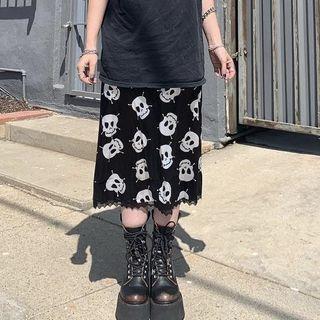 Skull Print Lace Panel Midi Skirt