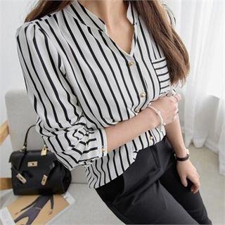 Open-placket Stripe Chiffon Blouse