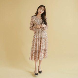 V-neck Floral Long Chiffon Dress