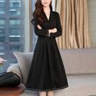 Contrast Stitching Long-sleeve Midi A-line Dress