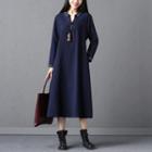 Embroidered Long-sleeve Linen Midi A-line Dress