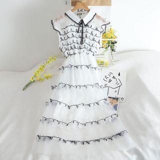 Sleeveless Tie-neck Midi A-line Lace Dress White - One Size