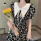 Short-sleeve Tie-neck Floral Printed Drawstring Waist A-line Dress As Shown In Figure - One Size