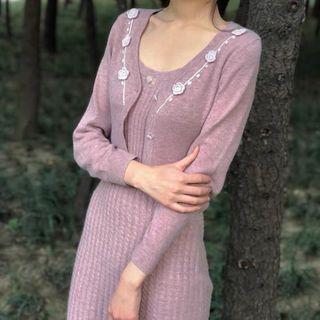 Set: Embroidered Cardigan + Midi A-line Knit Dress