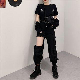 Butterfly Print Cropped Top / Ripped Cargo Pants