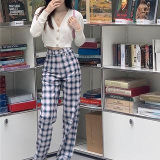 Cropped Cardigan / Plaid High-waist Wide-leg Pants