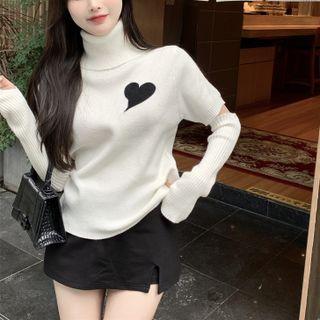 Short-sleeve Turtleneck Heart Knit Top / Arm Sleeves / Mini Skort / Set