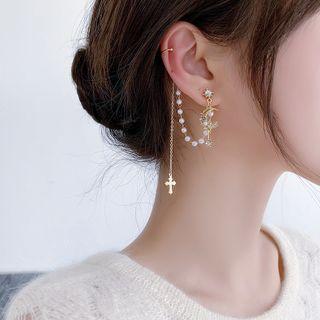 Cross Faux Pearl Rhinestone Chained Earring 1 Pc - Gold - One Size