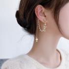 Cross Faux Pearl Rhinestone Chained Earring 1 Pc - Gold - One Size