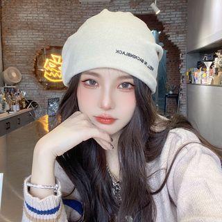 Lettering Embroidered Knit Slouchy Beanie