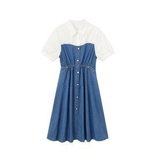 Short-sleeve Denim Panel Midi A-line Shirtdress