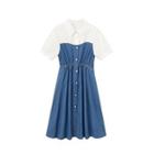 Short-sleeve Denim Panel Midi A-line Shirtdress