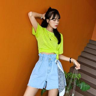 Paperbag-waist Wide-leg Denim Shorts