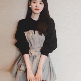 Long-sleeve Two-tone Drawstring Dress