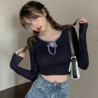 Long-sleeve Bow Cropped T-shirt Black - One Size
