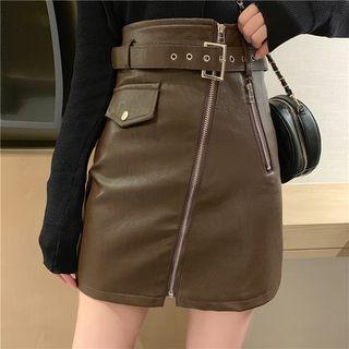Cold Shoulder Knit Top / Faux Leather A-line Skirt