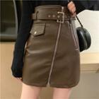 Cold Shoulder Knit Top / Faux Leather A-line Skirt