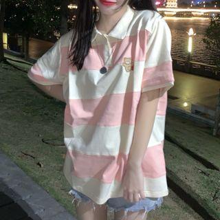 Short-sleeve Bear Print Striped Polo Shirt