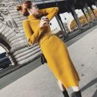 Mock-turtleneck Rib Knit Midi Dress With Belt