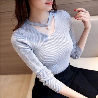 Faux Pearl Cut Out Front Long Sleeve Knit Top