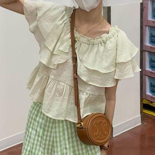 Short-sleeve Double-layered Plain Ruffle Trim Top
