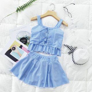 Set: Spaghetti Strap Gingham Swim Top + Skirt