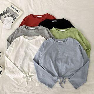 Plain Crewneck Drawcord Long-sleeve T-shirt