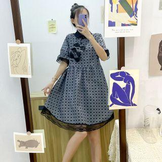 Short-sleeve Bow Accent Lace Trim A-line Dress