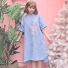 Rabbit Embroidered Short-sleeve Striped Shirtdress Blue - One Size