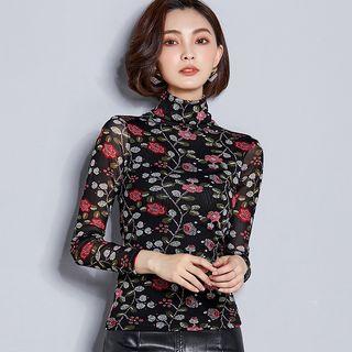 Turtleneck Floral Long-sleeve Mesh Top
