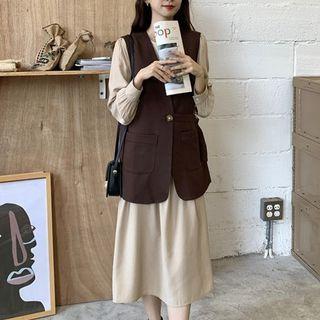 Long-sleeve Midi A-line Dress / One-button Vest