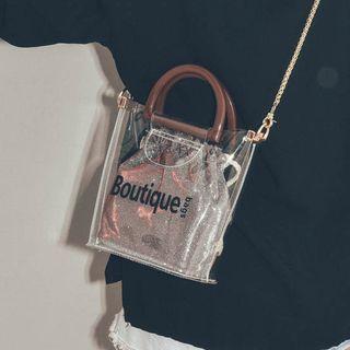 Set: Chain Strap Lettering Transparent Bag + Drawstring Pouch