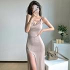 Spaghetti-strap Cowl Neck Slit Maxi Sheath Dress