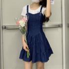 Wide Strap Denim Mini A-line Dress / Short-sleeve T-shirt