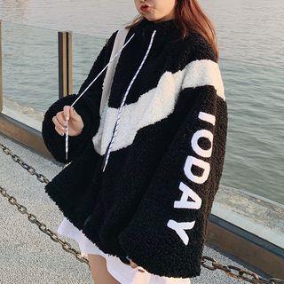 Lettering Color Block Fleece Drawstring Hoodie