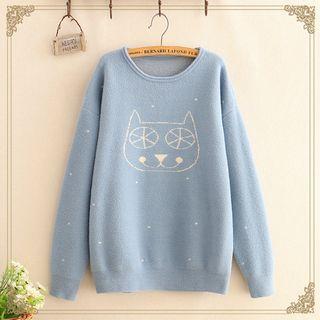 Cat Embroidered Round-neck Sweater