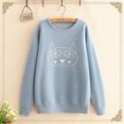 Cat Embroidered Round-neck Sweater