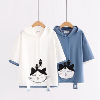 Short-sleeve Hooded Cat Print T-shirt