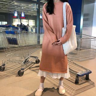Side Slit Long-sleeve Knit Dress / Crew-neck Long-sleeve Midi A-line Dress