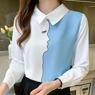 Long-sleeve Collared Color Block Shirt