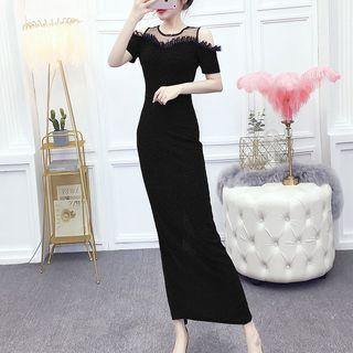 Short-sleeve Mesh Paneled Cold Shoulder Midi Sheath Dress