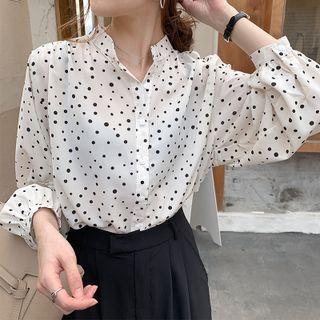 Long-sleeve Band Collar Dotted Chiffon Shirt