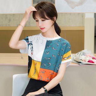 Short-sleeve Pattern Panel Chiffon Blouse