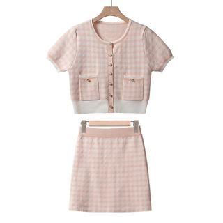 Set: Short-sleeve Houndstooth Top + Mini Pencil Skirt