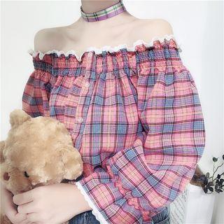 Elbow-sleeve Plaid Shirt Plaid - Pink & Blue - One Size