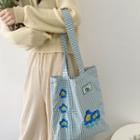 Floral Embroidered Checked Tote Bag Gingham - Blue - One Size