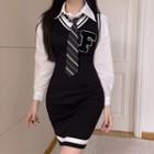 Plain Shirt / Striped Tie / Letter Embroidered Knit Mini Overall Dress / Set