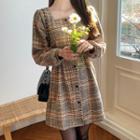 Square-neck Belted Plaid Dress