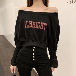 Long-sleeve Off-shoulder Letter Printed Lace Up Top